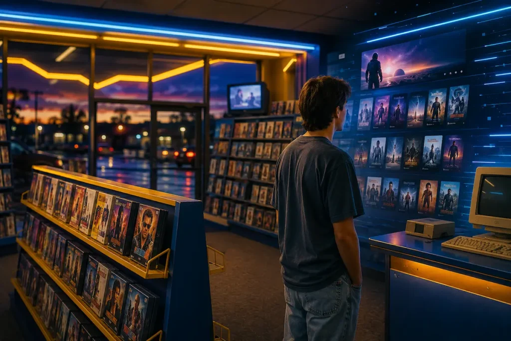 Locadora de filmes com estética retrô em azul e amarelo, prateleiras de VHS e elementos digitais que representam a transição para o streaming.