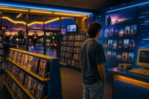 Locadora de filmes com estética retrô em azul e amarelo, prateleiras de VHS e elementos digitais que representam a transição para o streaming.