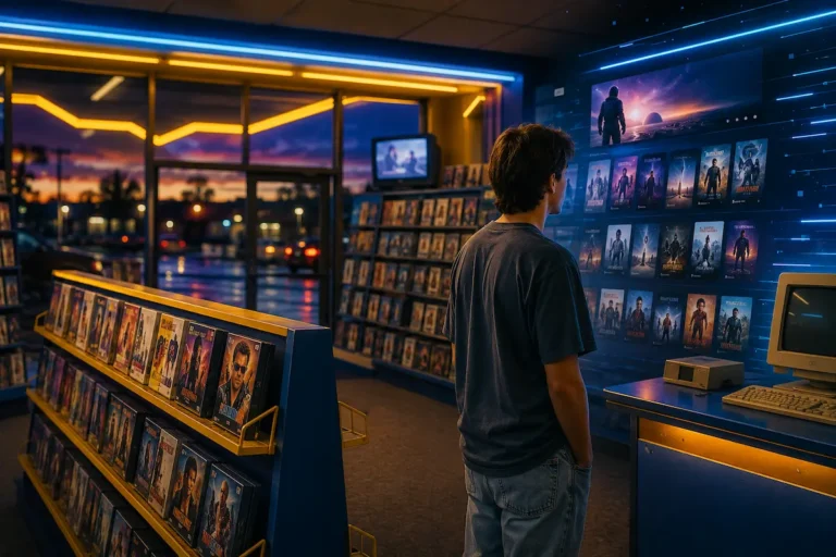 Locadora de filmes com estética retrô em azul e amarelo, prateleiras de VHS e elementos digitais que representam a transição para o streaming.