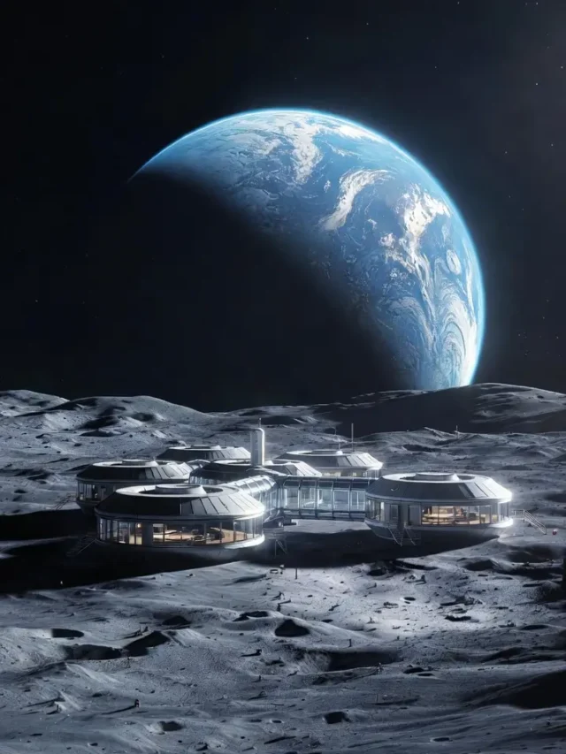 Imagem destaque do hotel lunar (Lua ao fundo, estrutura futurista, Terra no horizonte)