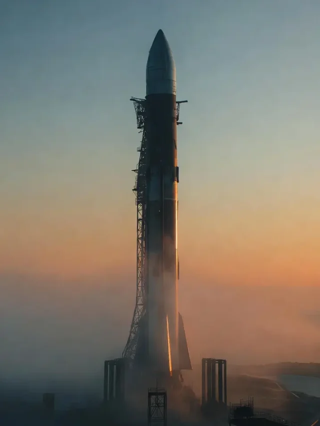 Foguete Artemis 2 da NASA na plataforma de lançamento, iluminado ao amanhecer, simbolizando o retorno humano à Lua.