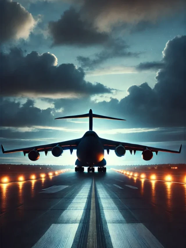 Silhueta de um grande avião militar em pista civil ao entardecer, iluminação baixa, clima tenso.