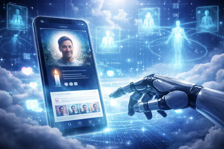 Inteligência artificial interagindo com perfil digital memorializado em smartphone, representando continuidade algorítmica após a morte.