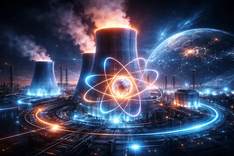 Ilustração futurista de usina nuclear com torres de resfriamento iluminadas e símbolo atômico brilhando ao centro, em cenário tecnológico noturno.