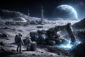 Base lunar futurista com astronautas e robô minerando hélio-3 na superfície da Lua com a Terra ao fundo