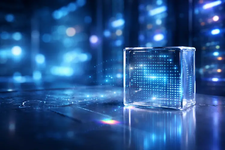 Bloco de vidro translúcido com padrões digitais luminosos internos, em ambiente futurista semelhante a um data center.