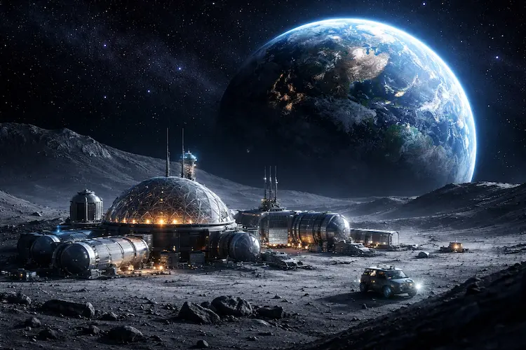 Base lunar futurista na superfície da Lua com a Terra ao fundo, representando a exploração do hélio-3 como combustível do futuro