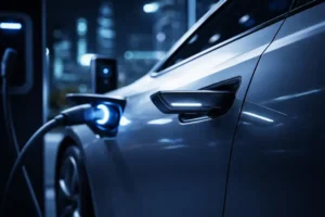 Carro elétrico sendo carregado à noite com foco em maçaneta retrátil iluminada e porta de carregamento conectada.