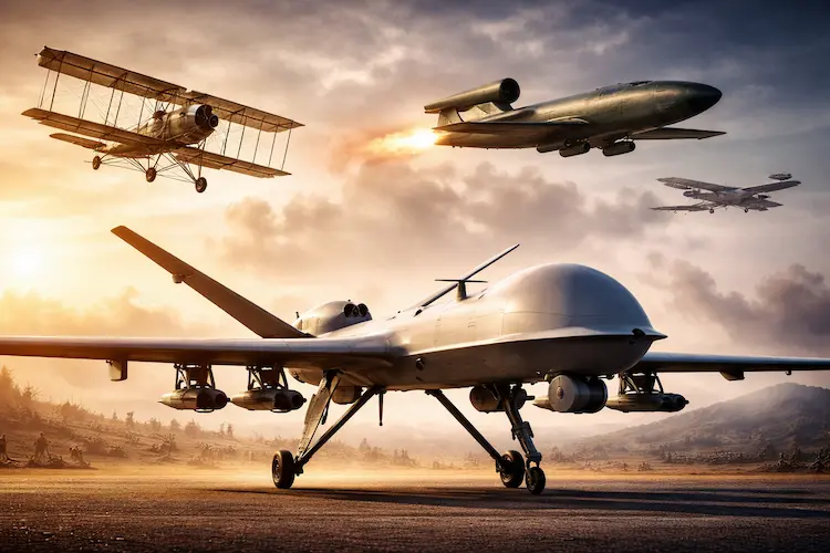 Evolução histórica dos drones mostrando aeronave militar moderna, bomba V1 da Segunda Guerra e biplano experimental da Primeira Guerra Mundial