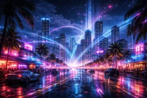Cidade litorânea iluminada por luzes neon à noite com arranha-céus conectados por fluxos de dados digitais, representando impacto tecnológico e sobrecarga na internet.