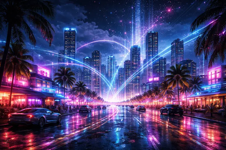 Cidade litorânea iluminada por luzes neon à noite com arranha-céus conectados por fluxos de dados digitais, representando impacto tecnológico e sobrecarga na internet.