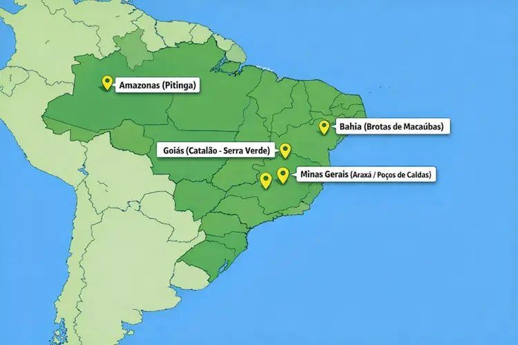 Mapa geopolítico do Brasil destacando regiões com ocorrência de terras raras em Minas Gerais, Goiás, Bahia e Amazonas.