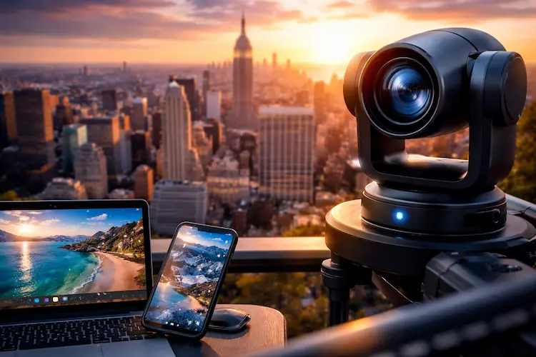 Câmera de vigilância moderna em destaque com skyline urbano ao fundo ao pôr do sol e dispositivos exibindo transmissões ao vivo de paisagens globais.