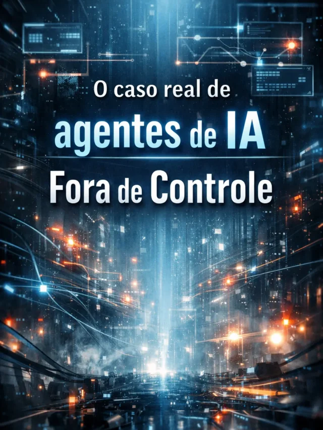 Ilustração editorial vertical representando agentes de inteligência artificial fora de controle em um ambiente tecnológico abstrato.