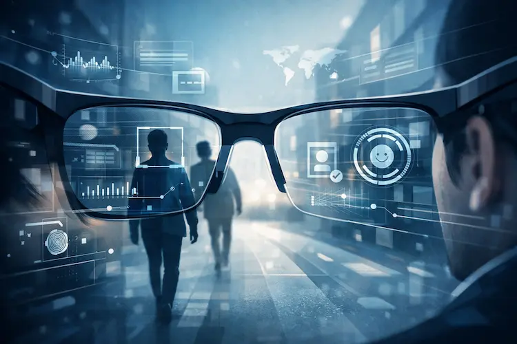 Ilustração editorial representando óculos inteligentes mediando a percepção humana com camadas digitais de informação e inteligência artificial.