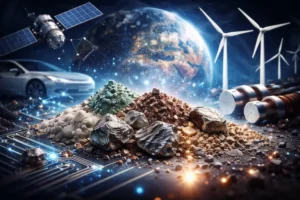 Terras raras representadas como minerais sobre circuito eletrônico com satélite, turbinas eólicas e carro elétrico ao fundo.