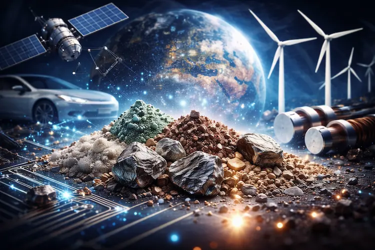 Terras raras representadas como minerais sobre circuito eletrônico com satélite, turbinas eólicas e carro elétrico ao fundo.