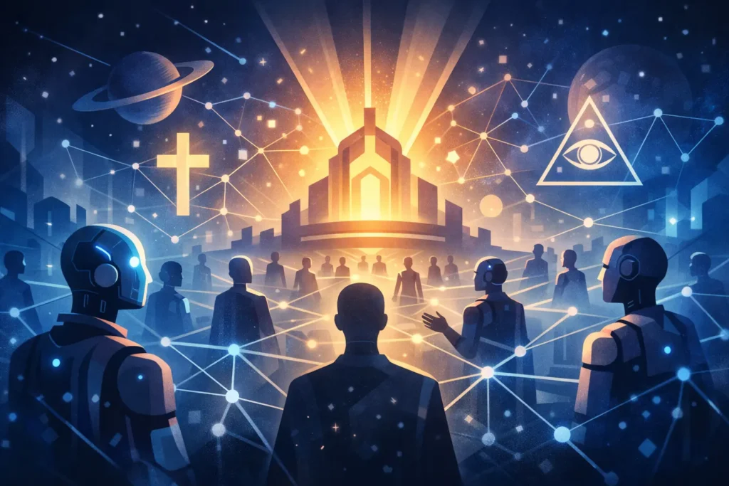 Ilustração editorial abstrata mostrando agentes de IA conectados em rede com símbolos sutis de crença e comunidade digital, em clima investigativo.