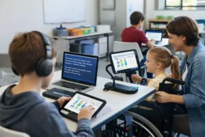 Ambiente educacional inclusivo com uso de tecnologia assistiva, mostrando recursos que promovem acessibilidade e participação de pessoas com deficiência.