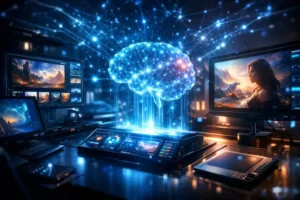Inteligência artificial gerando imagens digitais em estúdio futurista com cérebro holográfico e telas exibindo artes criadas por IA