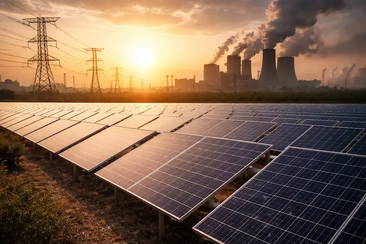 Usina solar com fileiras de painéis fotovoltaicos ao pôr do sol e complexo industrial ao fundo.