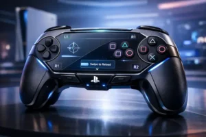 Ilustração editorial de um controle PlayStation futurista com interface touch adaptável no lugar de botões físicos, representando inovação e ergonomia personalizada.