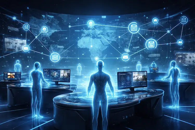 Ilustração editorial representando agentes de inteligência artificial operando de forma autônoma e coordenando tarefas em um sistema tecnológico complexo.