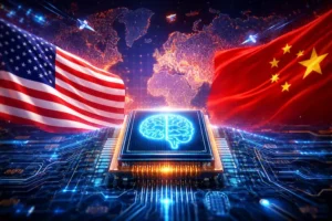 Ilustração digital representando a disputa tecnológica entre Estados Unidos e China, com bandeiras dos dois países e um chip de inteligência artificial ao centro sobre um mapa mundial conectado por circuitos digitais.