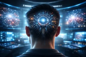 Interface neural implantada na parte posterior da cabeça humana com chip luminoso conectado a redes digitais em ambiente tecnológico futurista