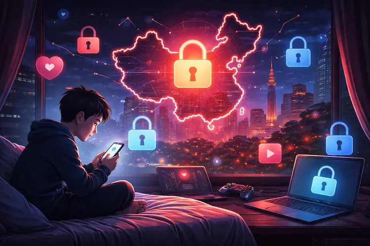 Ilustração editorial representando controle digital de acesso à internet, com ambiente noturno e camadas tecnológicas sugerindo restrição de uso por horário.