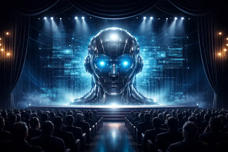 Ilustração conceitual representando redes de agentes de inteligência artificial interagindo em ambiente digital simbólico, sugerindo debate sobre autonomia e narrativa tecnológica.