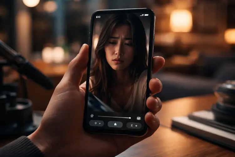 Pessoa segurando smartphone na vertical assistindo a série em formato vertical, representando o consumo móvel de novelas digitais.