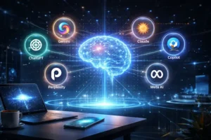 Ilustração futurista mostrando múltiplos sistemas de inteligência artificial representados como núcleos digitais interligados em ambiente tecnológico moderno.