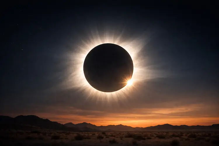 Eclipse solar total com a Lua encobrindo completamente o Sol e a coroa solar visível no céu escurecido.