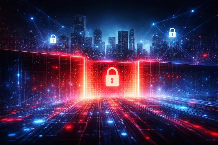 Ilustração digital em estilo cyberpunk mostrando uma cidade futurista sob uma grande rede digital vermelha, simbolizando controle e monitoramento da internet.