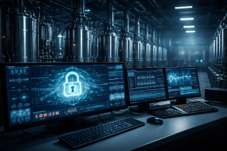 Ambiente industrial com sistemas de controle e infraestrutura crítica, representando riscos e desafios da segurança digital em instalações estratégicas.