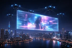 Tela gigante de LED transparente sendo carregada por drones sobre uma cidade moderna iluminada à noite.