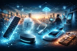 Representação futurista de objetos como controle remoto, papéis, cabo de carregador e senha sendo substituídos por tecnologia digital na Quarta Revolução Industrial.