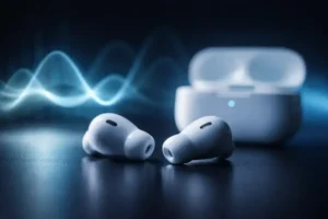 Fones de ouvido sem fio sobre superfície escura com iluminação azul suave e efeito de ondas digitais ao fundo.