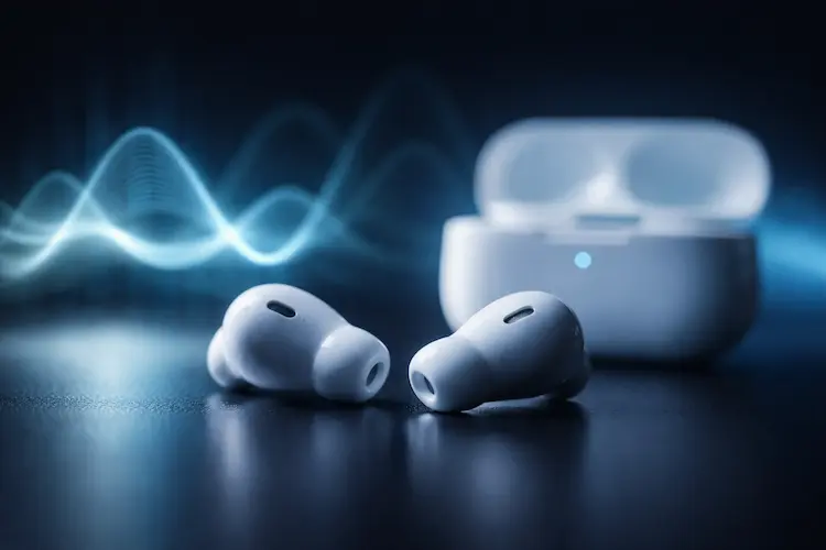 Fones de ouvido sem fio sobre superfície escura com iluminação azul suave e efeito de ondas digitais ao fundo.