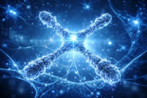 Ilustração científica de proteína laminina em estrutura tridimensional com formato ramificado semelhante a uma cruz, iluminada em tons de azul e dourado sobre fundo escuro microscópico.