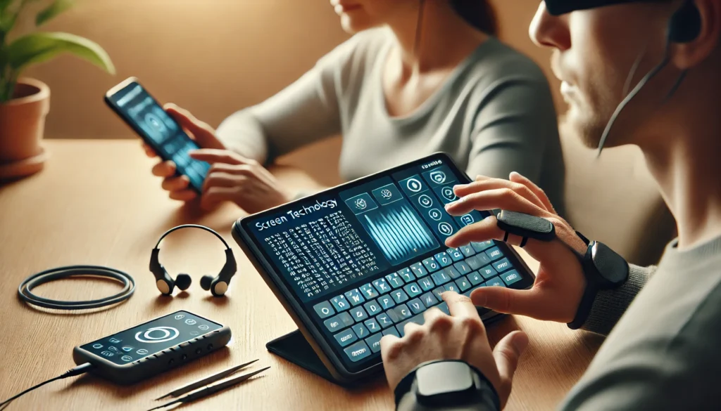 Tecnologia assistiva para pessoas com deficiência visual e auditiva usando dispositivos digitais acessíveis.