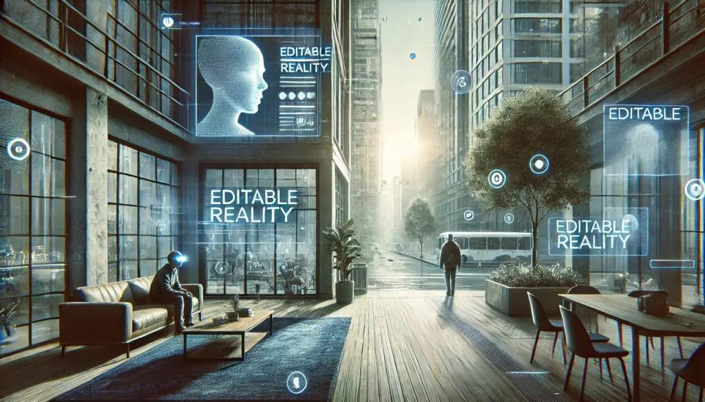 Ilustra&ccedil;&atilde;o editorial mostrando a realidade sendo filtrada e ajustada por &oacute;culos inteligentes com an&aacute;lise emocional e comportamental.