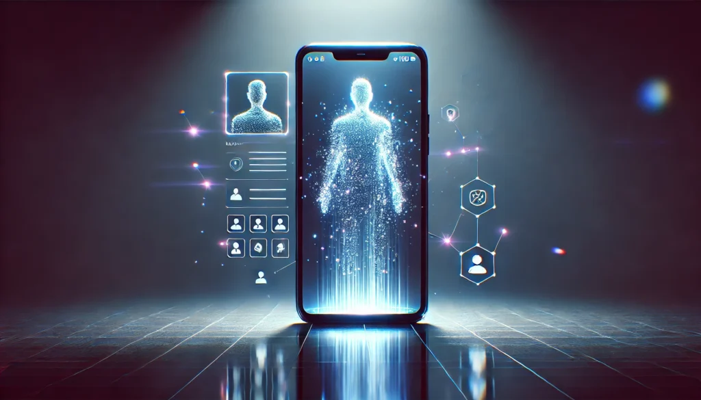 Cabe&ccedil;a humana hologr&aacute;fica formada por linhas neurais luminosas e n&oacute;s de dados, cercada por pain&eacute;is digitais abstratos em ambiente tecnol&oacute;gico escuro.