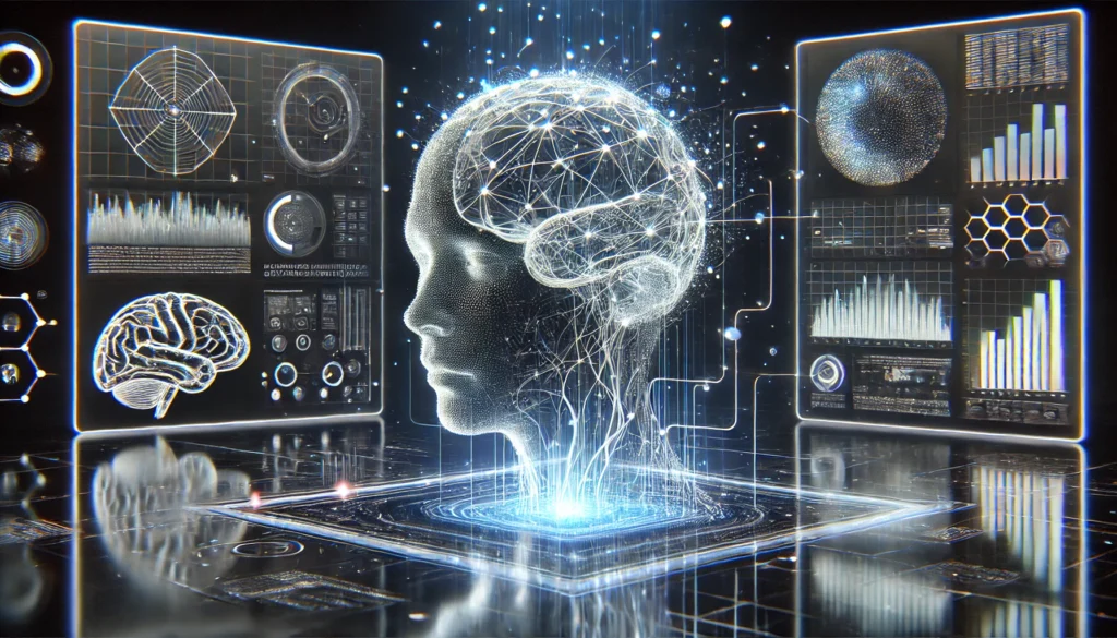 Cabe&ccedil;a hologr&aacute;fica formada por part&iacute;culas e conex&otilde;es neurais emergindo de uma base digital, com grandes interfaces flutuantes ao redor.