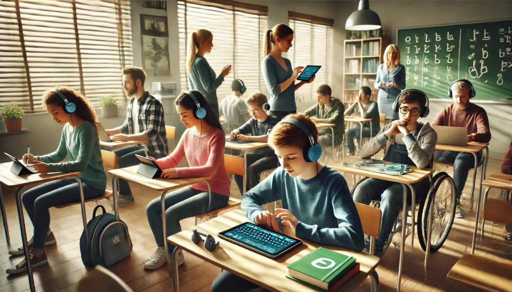 Sala de aula moderna com estudantes diversos usando tablets e fones de ouvido; uma aluna cadeirante participa da aula. Um professor auxilia os alunos em um ambiente iluminado naturalmente.