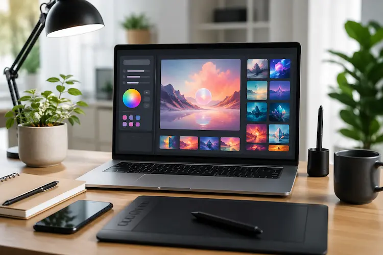 Notebook com interface abstrata de criação de imagens por inteligência artificial em uma mesa de trabalho moderna, com tablet gráfico, caneta digital e ambiente criativo sem textos ou logotipos.