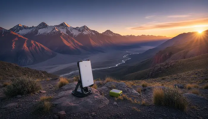 Antena Starlink Mini instalada em área montanhosa ao pôr do sol com vale e rio ao fundo, representando conectividade via satélite em regiões remotas.