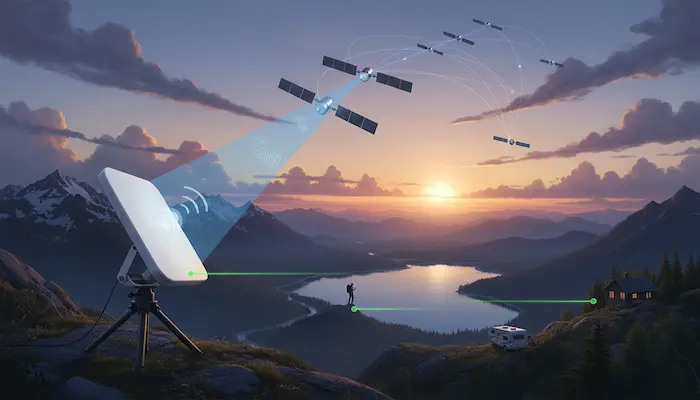 Antena Starlink conectando-se a satélites em órbita sobre paisagem montanhosa ao entardecer, ilustrando comunicação via satélite em tempo real.