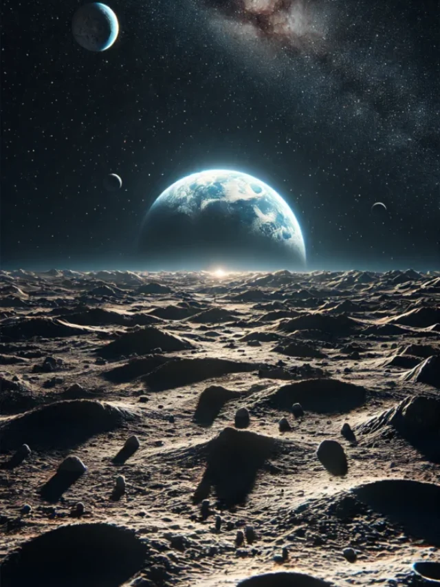 Superfície da Lua ao entardecer com a Terra surgindo no horizonte espacial